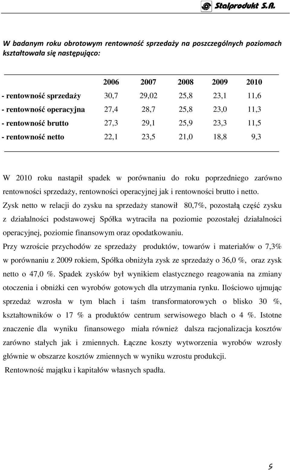 rentowności sprzedaŝy, rentowności operacyjnej jak i rentowności brutto i netto.