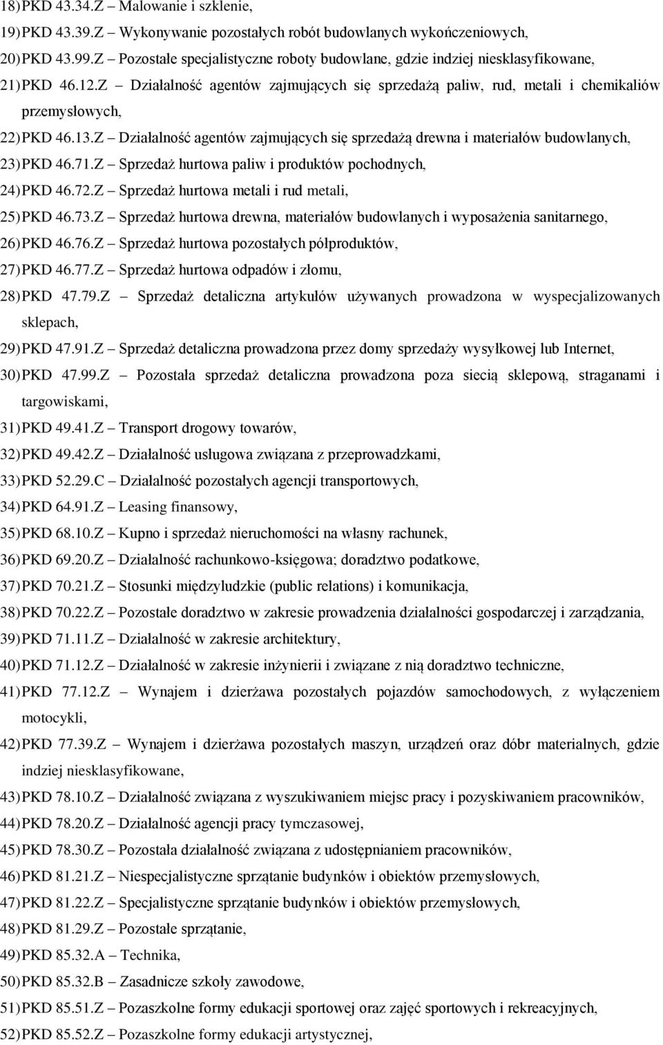 13.Z Działalność agentów zajmujących się sprzedażą drewna i materiałów budowlanych, 23) PKD 46.71.Z Sprzedaż hurtowa paliw i produktów pochodnych, 24) PKD 46.72.