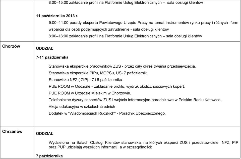 na Platformie Usług Elektronicznych sala obsługi klientów Chorzów ODDZIAŁ 7-11 października Stanowiska eksperckie pracowników ZUS - przez cały okres trwania przedsięwzięcia.