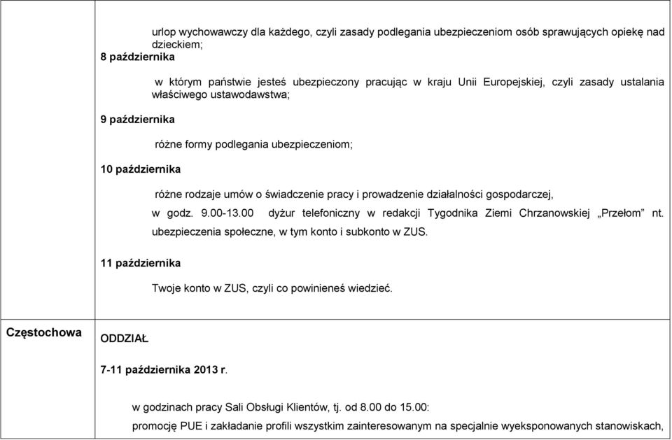 gospodarczej, w godz. 9.00-13.00 dyżur telefoniczny w redakcji Tygodnika Ziemi Chrzanowskiej Przełom nt. ubezpieczenia społeczne, w tym konto i subkonto w ZUS.