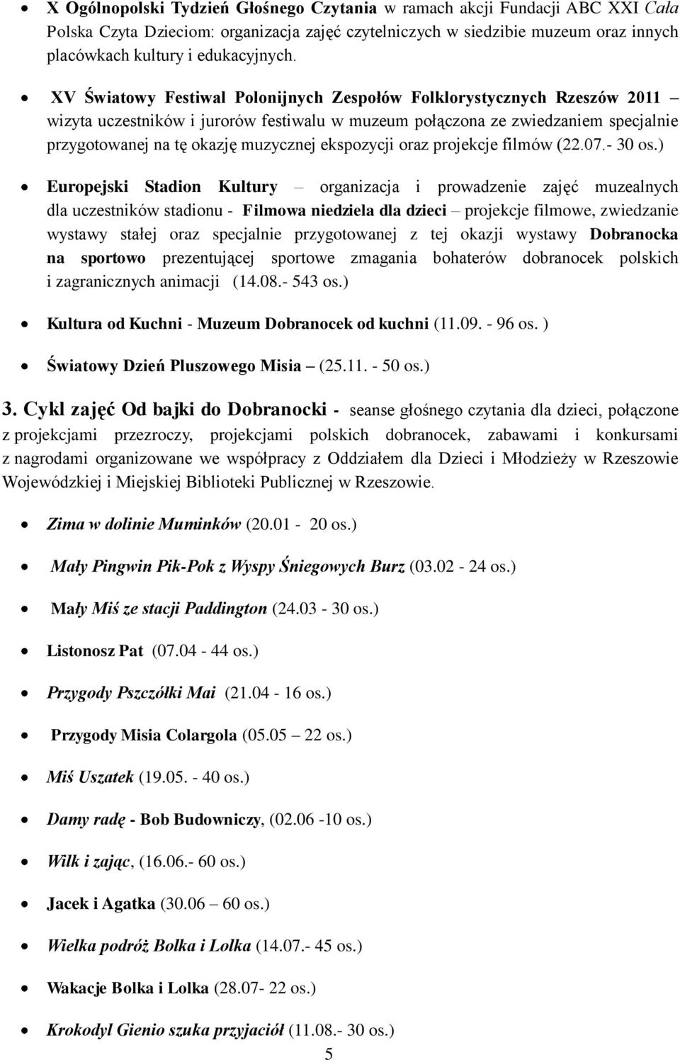 ekspozycji oraz projekcje filmów (22.07.- 30 os.