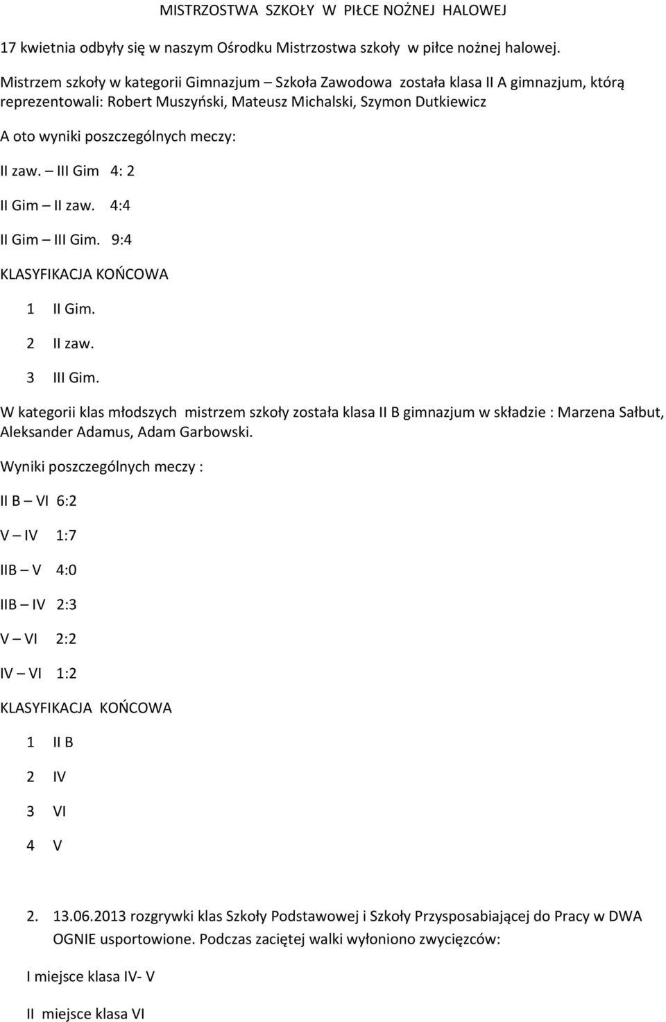 zaw. III Gim 4: 2 II Gim II zaw. 4:4 II Gim III Gim. 9:4 KLASYFIKACJA KOŃCOWA 1 II Gim. 2 II zaw. 3 III Gim.