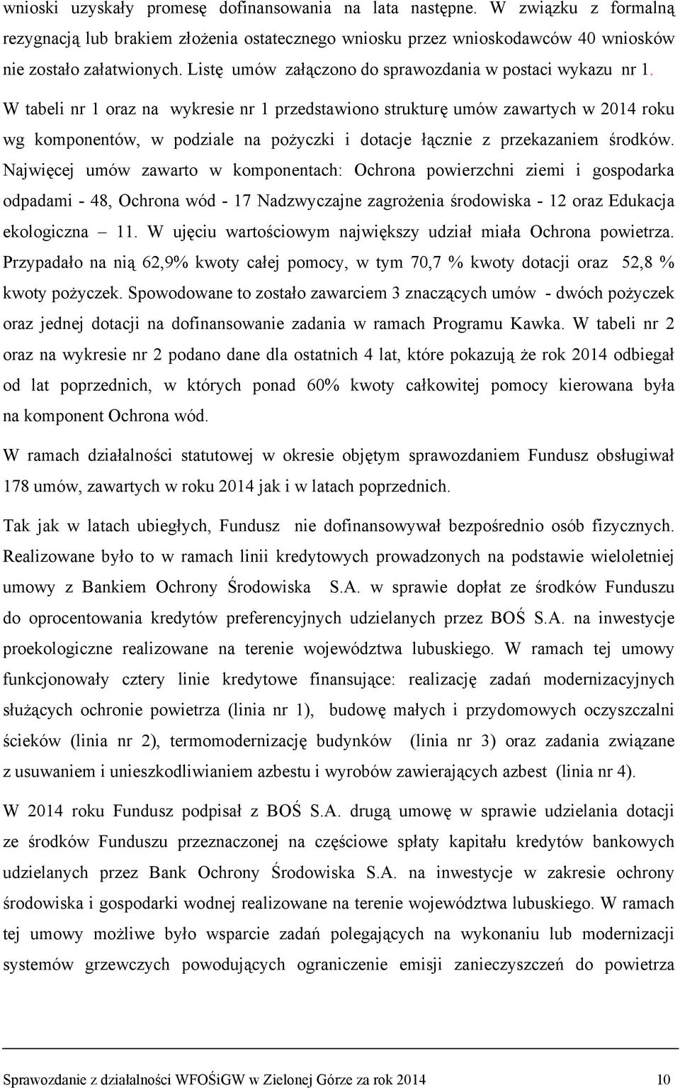 W tabeli nr 1 oraz na wykresie nr 1 przedstawiono strukturę umów zawartych w 2014 roku wg komponentów, w podziale na pożyczki i dotacje łącznie z przekazaniem środków.