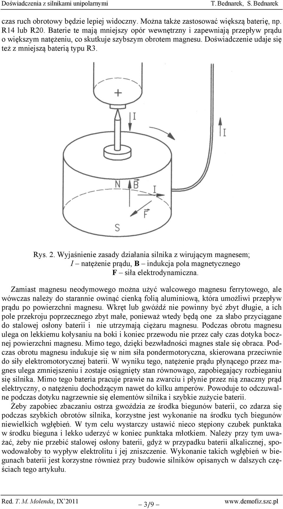 Wyjaśnienie zasady działania silnika z wirującym magnesem; I natężenie prądu, B indukcja pola magnetycznego F siła elektrodynamiczna.