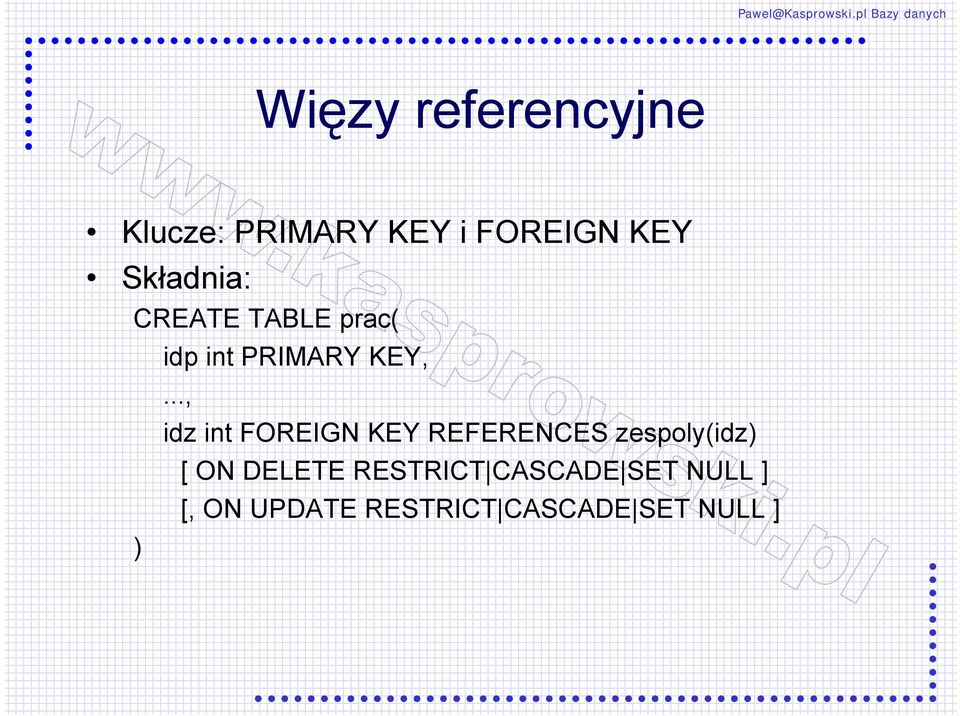 .., idz int FOREIGN KEY REFERENCES zespoly(idz) [ ON