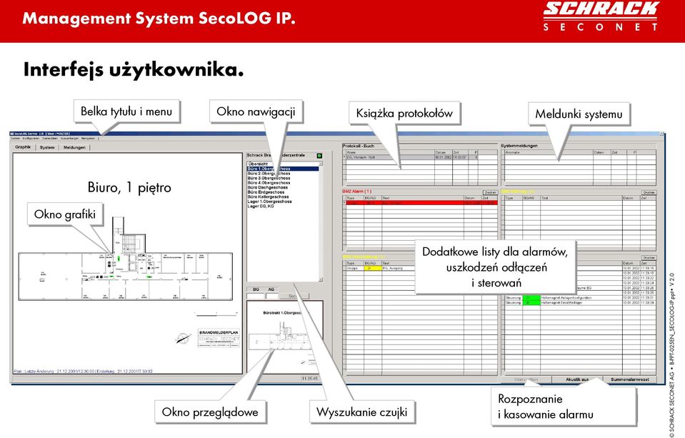 Biuro, 1 piętro Okno grafiki Dodatkowe listy dla alarmów, uszkodzeń