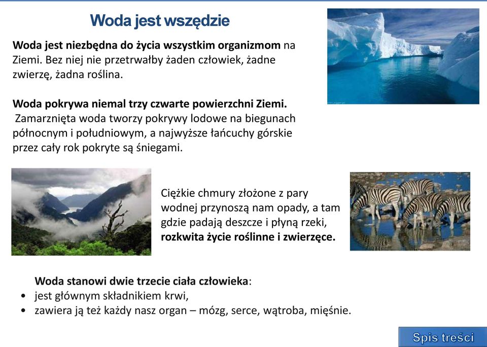 Zamarznięta woda tworzy pokrywy lodowe na biegunach północnym i południowym, a najwyższe łańcuchy górskie przez cały rok pokryte są śniegami.