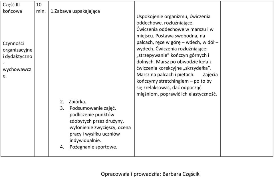 Uspokojenie organizmu, ćwiczenia oddechowe, rozluźniające. Ćwiczenia oddechowe w marszu i w miejscu. Postawa swobodna, na palcach, ręce w górę wdech, w dół wydech.