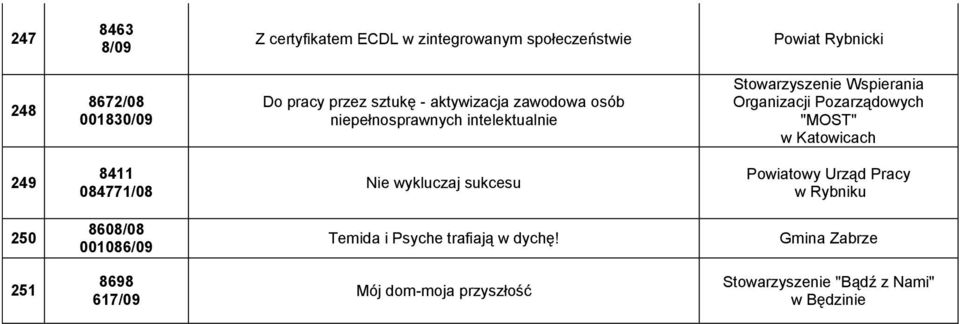 Pozarządowych "MOST" 249 8411 084771/08 Nie wykluczaj sukcesu Powiatowy Urząd Pracy w Rybniku 250 8608/08 001086/09