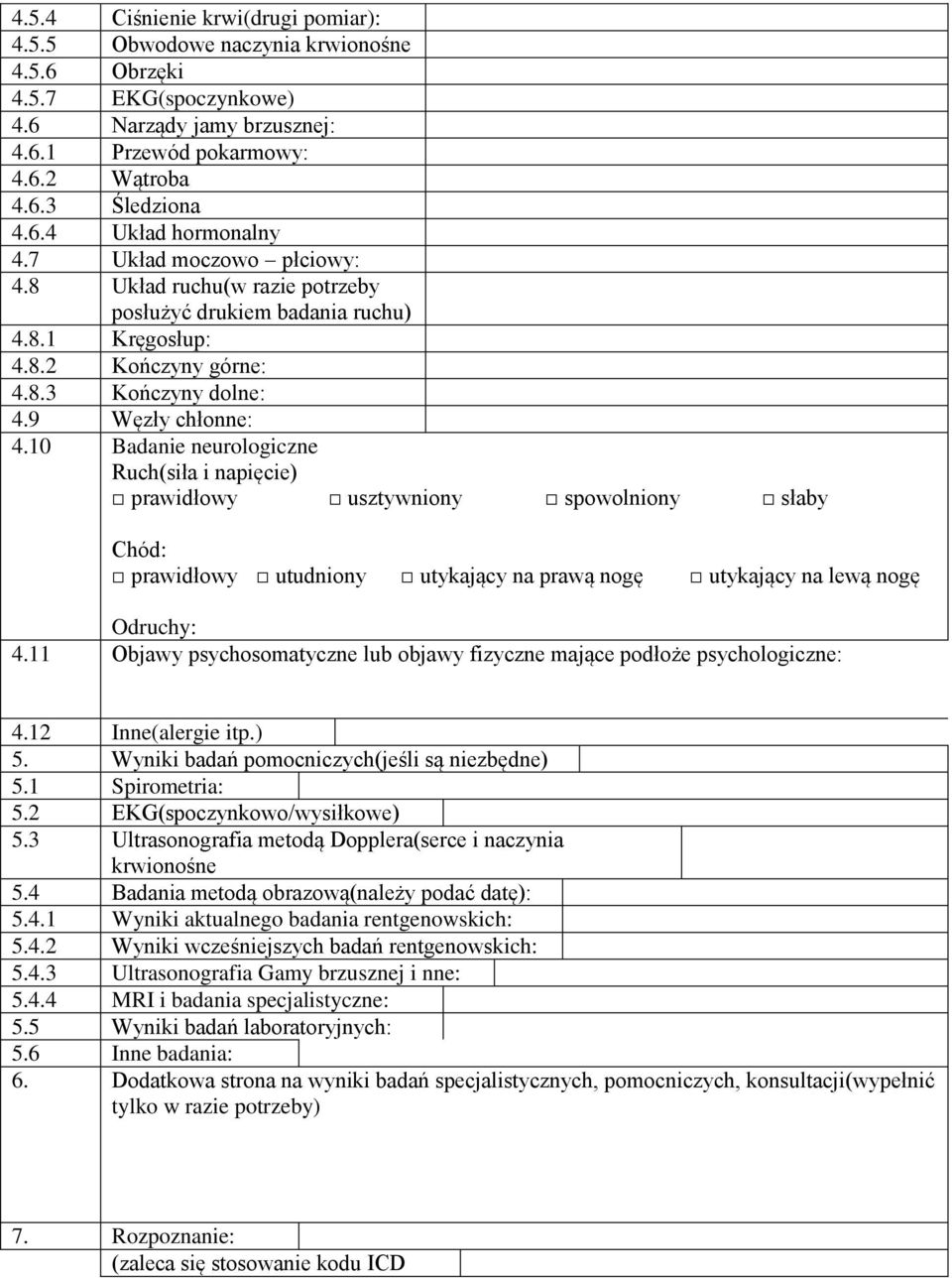 napięcie) prawidłowy usztywniony spowolniony słaby Chód: prawidłowy utudniony utykający na prawą nogę utykający na lewą nogę Odruchy: 411 Objawy psychosomatyczne lub objawy fizyczne mające podłoże