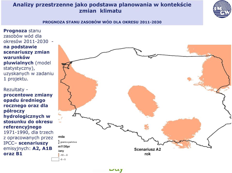 Rezultaty - procentowe zmiany opadu średniego rocznego oraz dla półroczy hydrologicznych w stosunku do okresu