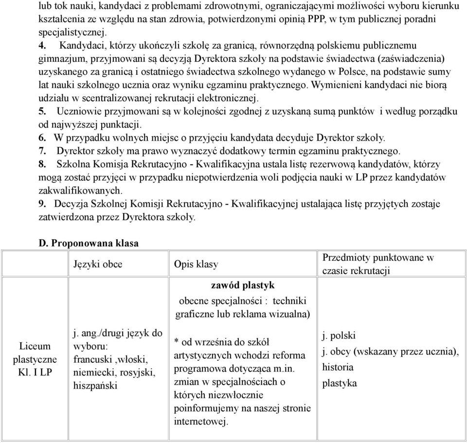 Kandydaci, którzy ukończyli szkołę za granicą, równorzędną polskiemu publicznemu gimnazjum, przyjmowani są decyzją Dyrektora szkoły na podstawie świadectwa (zaświadczenia) uzyskanego za granicą i