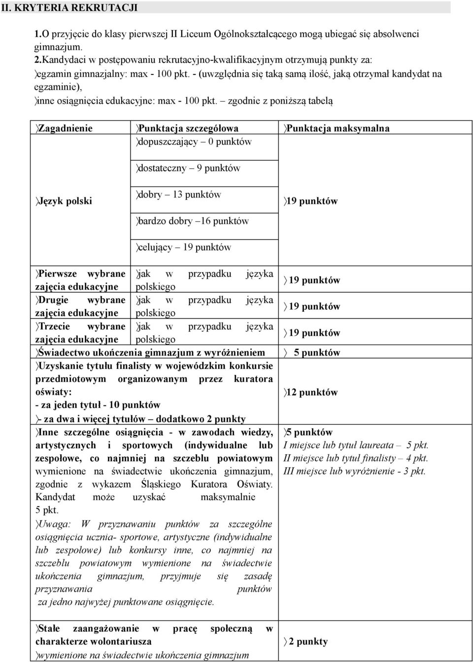 - (uwzględnia się taką samą ilość, jaką otrzymał kandydat na egzaminie), inne osiągnięcia edukacyjne: max - 100 pkt.