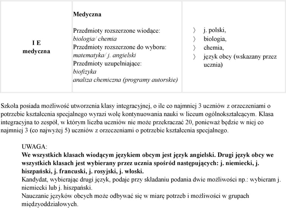 polski, biologia, chemia, język obcy (wskazany przez ucznia) Szkoła posiada możliwość utworzenia klasy integracyjnej, o ile co najmniej 3 uczniów z orzeczeniami o potrzebie kształcenia specjalnego