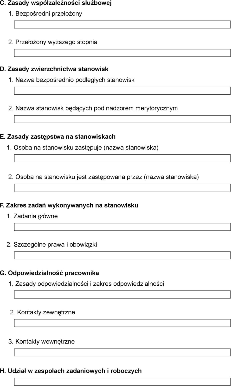 Osoba na stanowisku zastępuje (nazwa stanowiska) 2. Osoba na stanowisku jest zastępowana przez (nazwa stanowiska) F. Zakres zadań wykonywanych na stanowisku 1.