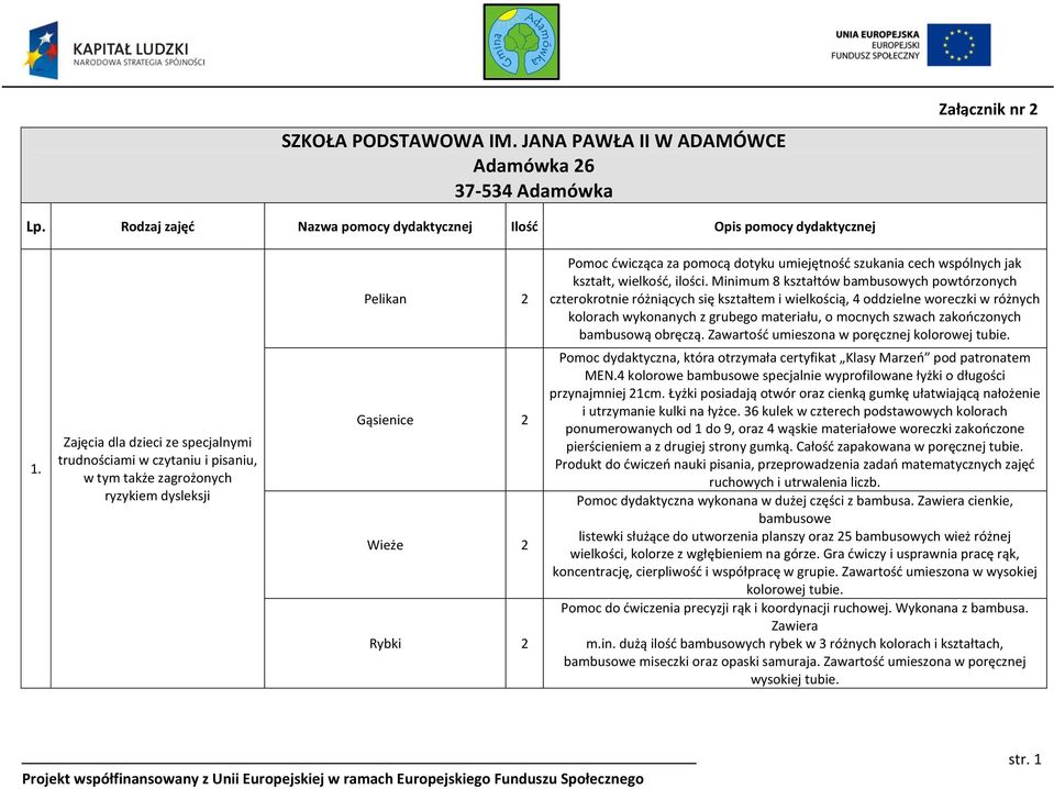 Minimum 8 kształtów bambusowych powtórzonych czterokrotnie różniących się kształtem i wielkością, 4 oddzielne woreczki w różnych kolorach wykonanych z grubego materiału, o mocnych szwach zakończonych