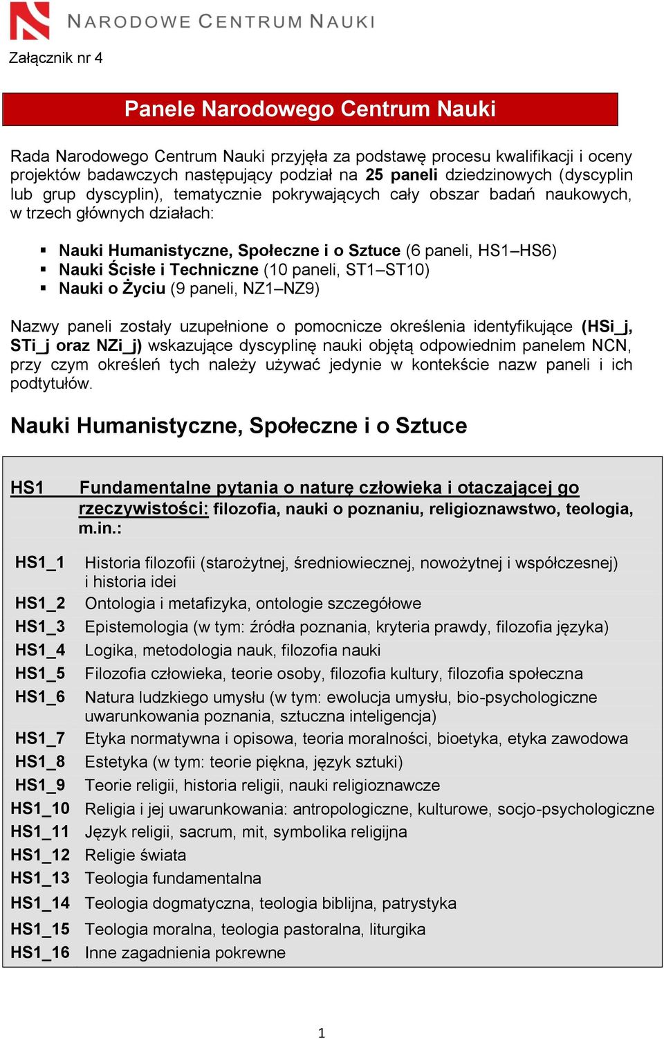 Techniczne (10 paneli, ST1 ST10) Nauki o Życiu (9 paneli, NZ1 NZ9) Nazwy paneli zostały uzupełnione o pomocnicze określenia identyfikujące (HSi_j, STi_j oraz NZi_j) wskazujące dyscyplinę nauki objętą