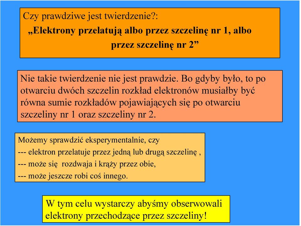 Bo gdyby było, to po otwarciu dwóch szczelin rozkład elektronów musiałby być równa sumie rozkładów pojawiających się po otwarciu szczeliny