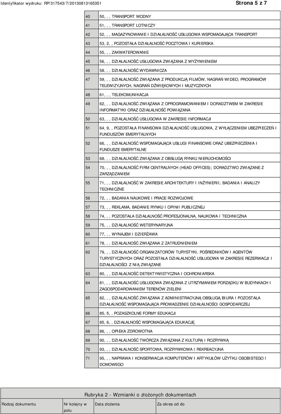 DŹWIĘKOWYCH I MUZYCZNYCH 48 61,,, TELEKOMUNIKACJA 49 62,,, DZIAŁALNOŚĆ ZWIĄZANA Z OPROGRAMOWAM I DORADZTWEM W ZAKRESIE INFORMATYKI ORAZ DZIAŁALNOŚĆ POWIĄZANA 50 63,,, DZIAŁALNOŚĆ USŁUGOWA W ZAKRESIE