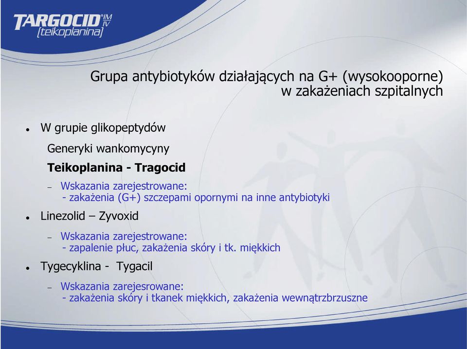 szczepami opornymi na inne antybiotyki Wskazania zarejestrowane: - zapalenie płuc, zakażenia skóry i tk.