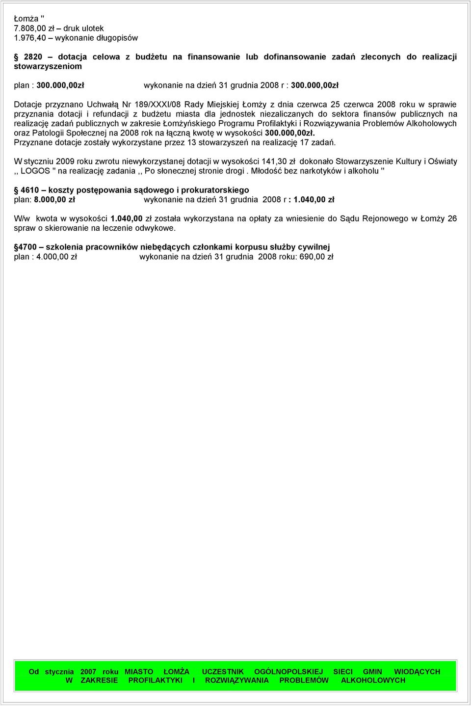 000,00zł Dotacje przyznano Uchwałą Nr 189/XXXI/08 Rady Miejskiej Łomży z dnia czerwca 25 czerwca 2008 roku w sprawie przyznania dotacji i refundacji z budżetu miasta dla jednostek niezaliczanych do