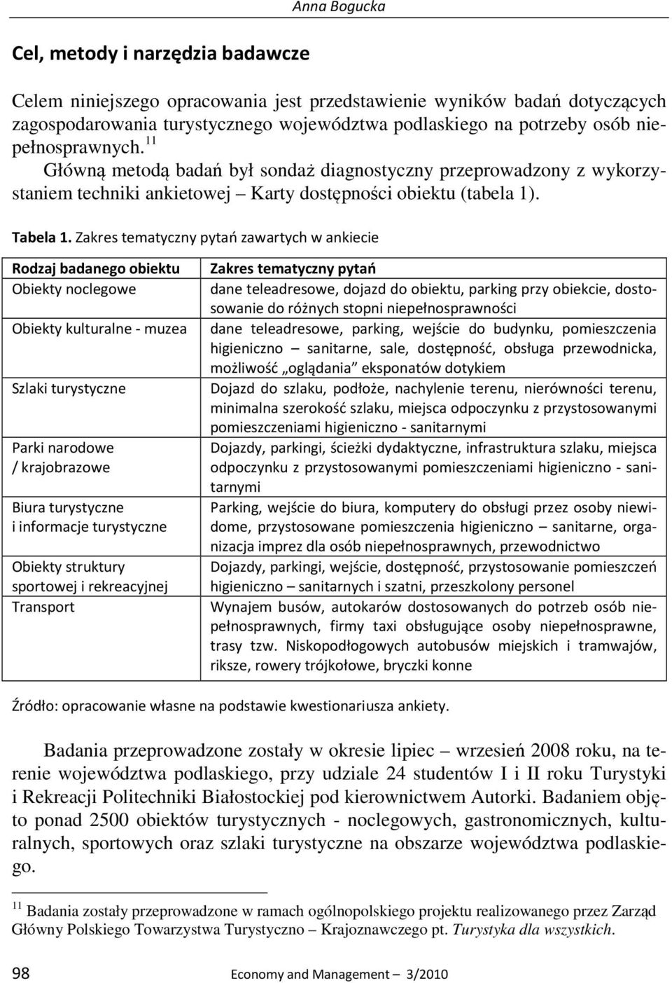 Zakres tematyczny pytań zawartych w ankiecie Rodzaj badanego obiektu Zakres tematyczny pytań Obiekty noclegowe dane teleadresowe, dojazd do obiektu, parking przy obiekcie, dostosowanie do różnych