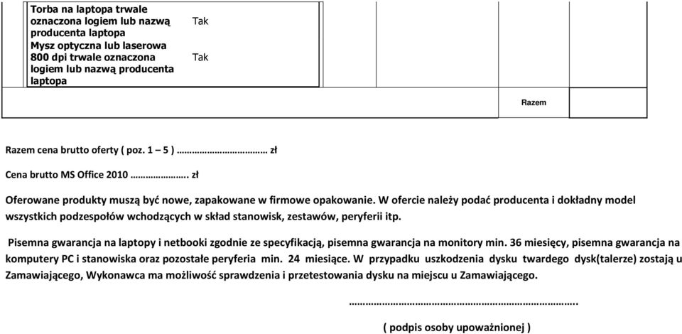 W ofercie należy podać producenta i dokładny model wszystkich podzespołów wchodzących w skład stanowisk, zestawów, peryferii itp.