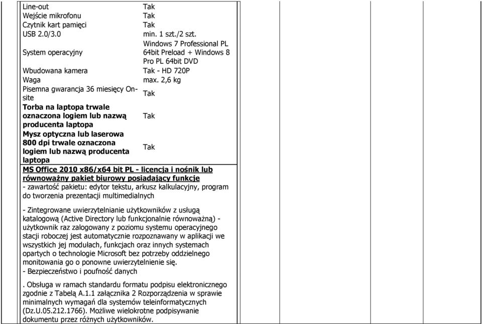 nazwą producenta laptopa MS Office 2010 x86/x64 bit PL - licencja i nośnik lub równoważny pakiet biurowy posiadający funkcje - zawartość pakietu: edytor tekstu, arkusz kalkulacyjny, program do