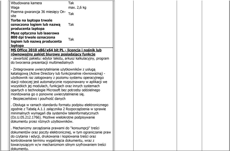 laptopa MS Office 2010 x86/x64 bit PL - licencja i nośnik lub równoważny pakiet biurowy posiadający funkcje - zawartość pakietu: edytor tekstu, arkusz kalkulacyjny, program do tworzenia prezentacji