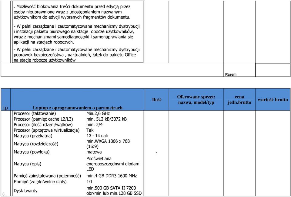 stacjach roboczych. - W pełni zarządzane i zautomatyzowane mechanizmy dystrybucji poprawek bezpieczeństwa, uaktualnień, łatek do pakietu Office na stacje robocze użytkowników Razem Lp 3.