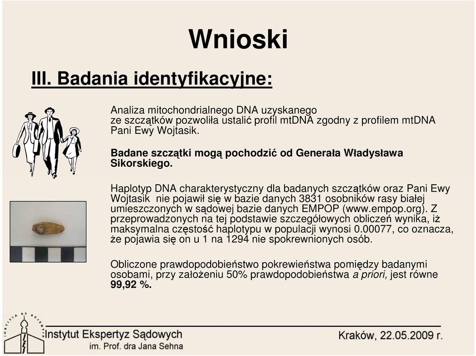 Haplotyp DNA charakterystyczny dla badanych szczątków oraz Pani Ewy Wojtasik nie pojawił się w bazie danych 3831 osobników rasy białej umieszczonych w sądowej bazie danych EMPOP (www.empop.