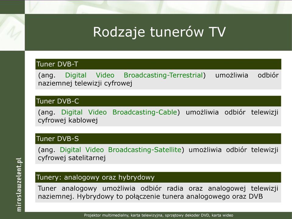 Digital Video Broadcasting-Cable) umożliwia odbiór telewizji cyfrowej kablowej Tuner DVB-S (ang.