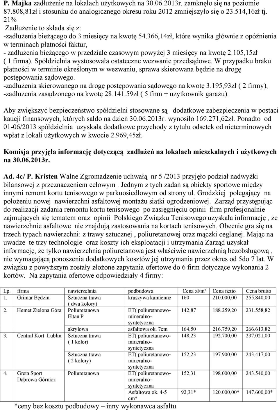 366,14zł, które wynika głównie z opóźnienia w terminach płatności faktur, - zadłużenia bieżącego w przedziale czasowym powyżej 3 miesięcy na kwotę 2.105,15zł ( 1 firma).