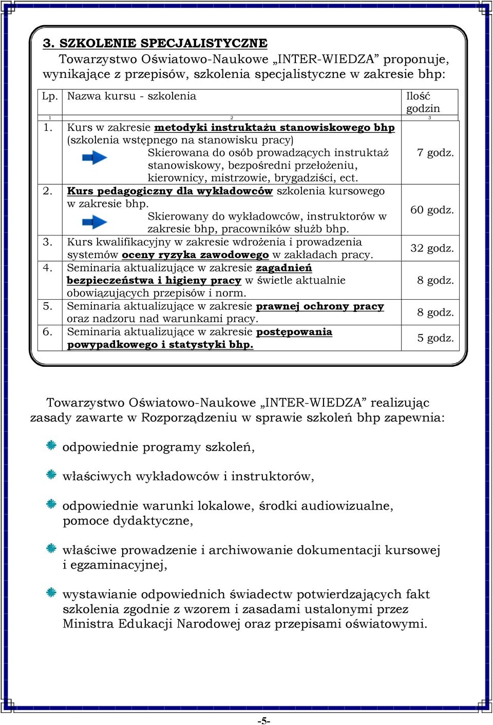 stanowiskowy, bezpośredni przełożeniu, kierownicy, mistrzowie, brygadziści, ect. 2. Kurs pedagogiczny dla wykładowców kursowego w zakresie bhp. Skierowany do wykładowców, instruktorów w 60 godz.