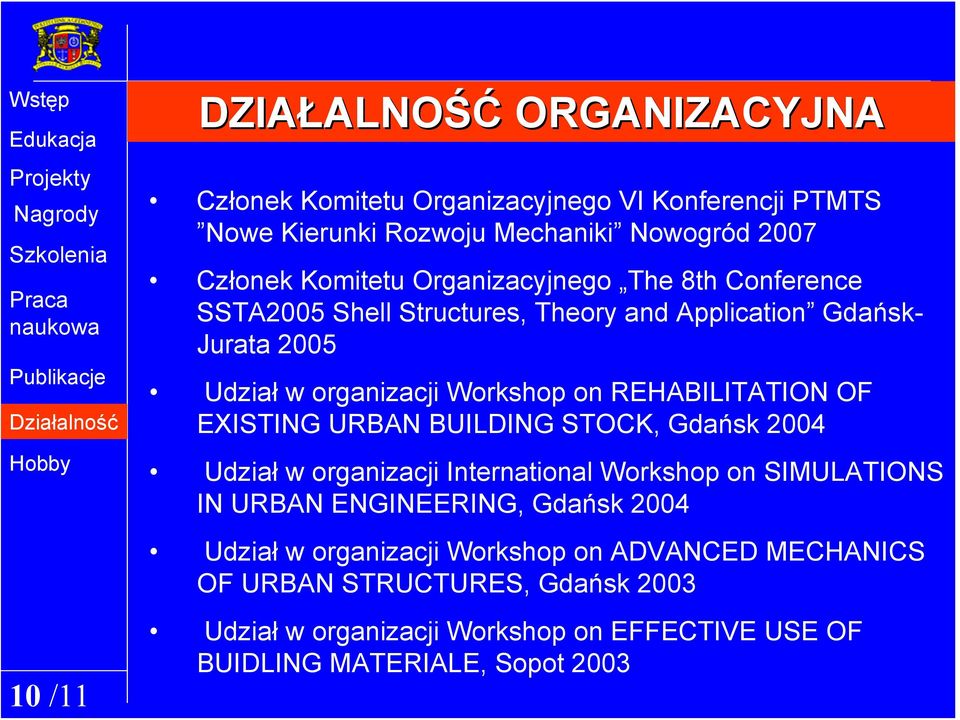 REHABILITATION OF EXISTING URBAN BUILDING STOCK, Gdańsk 2004 Udział w organizacji International Workshop on SIMULATIONS IN URBAN ENGINEERING, Gdańsk