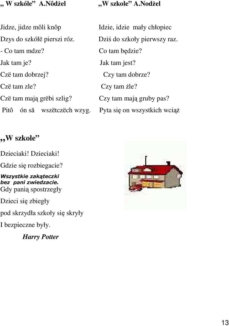Czy tam mają gruby pas? Pitô ón să wszëtczëch wzyg. Pyta się on wszystkich wciąŝ W szkole Dzieciaki! Dzieciaki! Gdzie się rozbiegacie?