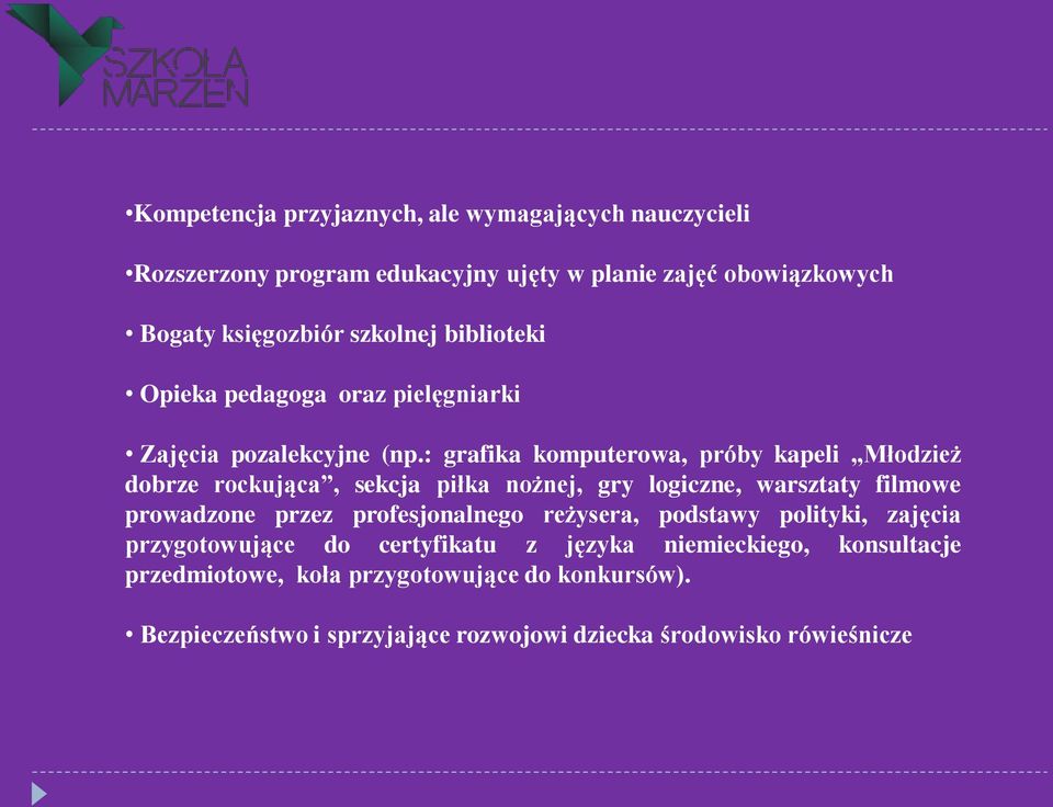 : grafika komputerowa, próby kapeli Młodzież dobrze rockująca, sekcja piłka nożnej, gry logiczne, warsztaty filmowe prowadzone przez