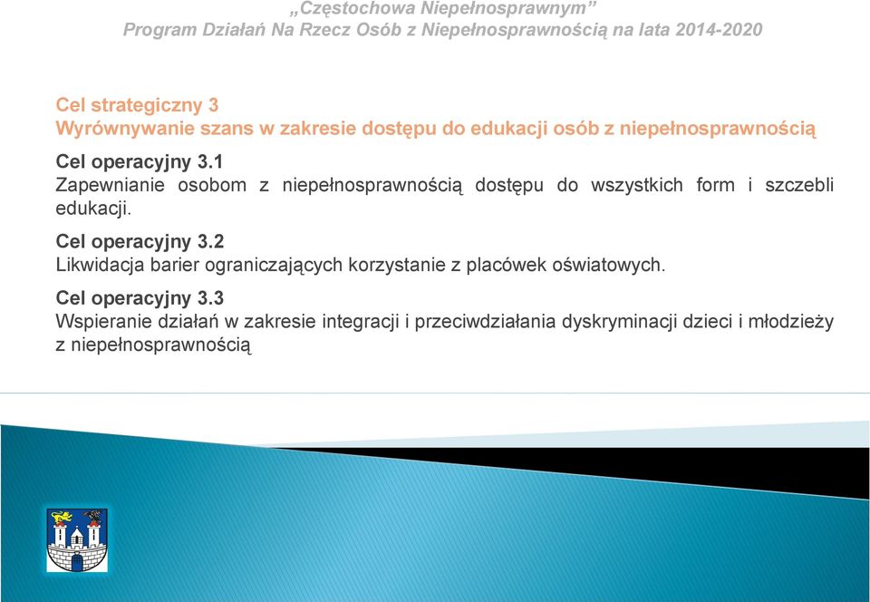 Cel operacyjny 3.2 Likwidacja barier ograniczających korzystanie z placówek oświatowych. Cel operacyjny 3.