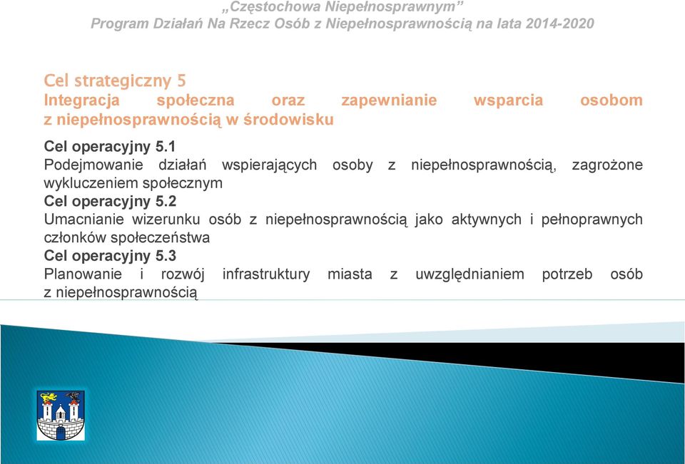 1 Podejmowanie działań wspierających osoby z niepełnosprawnością, zagrożone wykluczeniem społecznym Cel 2