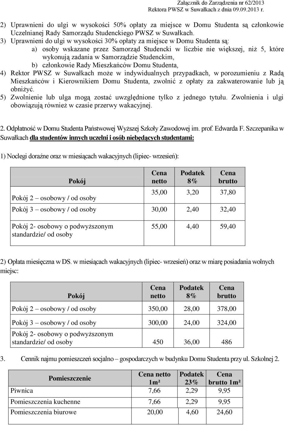 b) członkowie Rady Mieszkańców Domu Studenta, 4) Rektor PWSZ w Suwałkach może w indywidualnych przypadkach, w porozumieniu z Radą Mieszkańców i Kierownikiem Domu Studenta, zwolnić z opłaty za