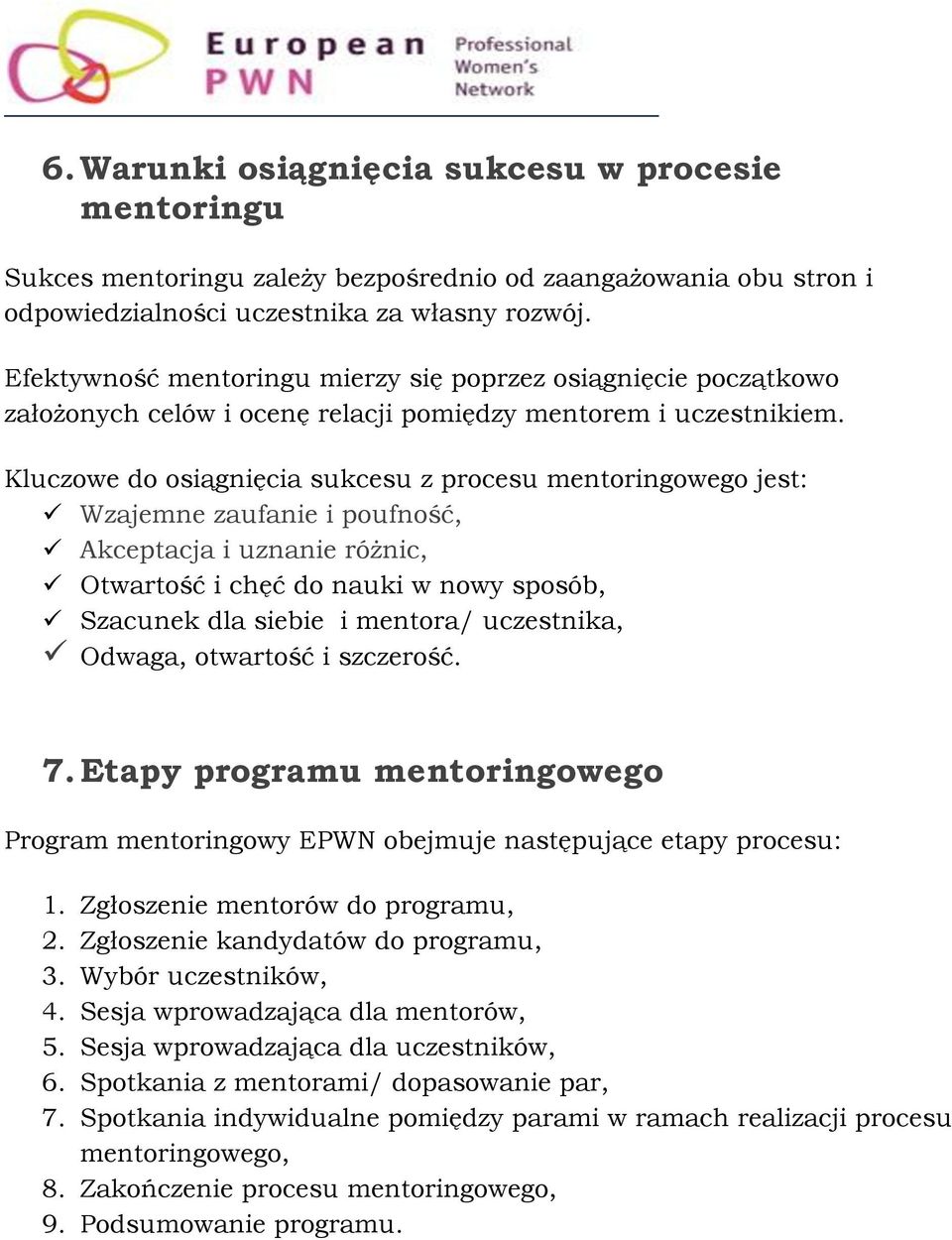 Kluczowe do osiągnięcia sukcesu z procesu mentoringowego jest: Wzajemne zaufanie i poufność, Akceptacja i uznanie różnic, Otwartość i chęć do nauki w nowy sposób, Szacunek dla siebie i mentora/