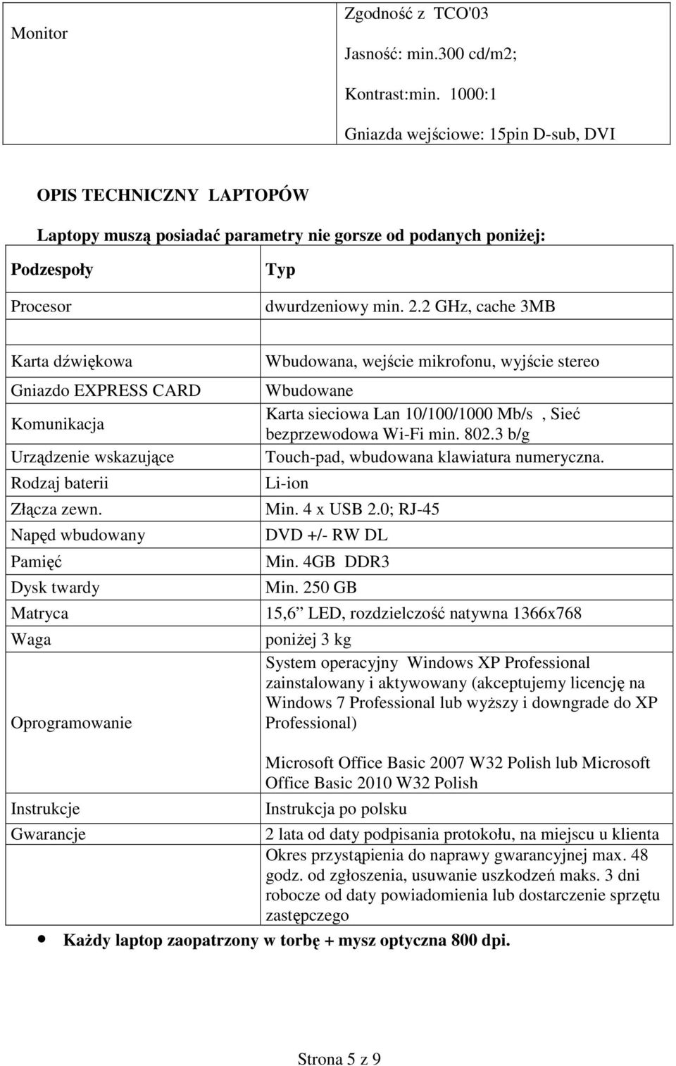 2 GHz, cache 3MB Karta dźwiękowa Gniazdo EXPRESS CARD Komunikacja Urządzenie wskazujące Rodzaj baterii Złącza zewn.