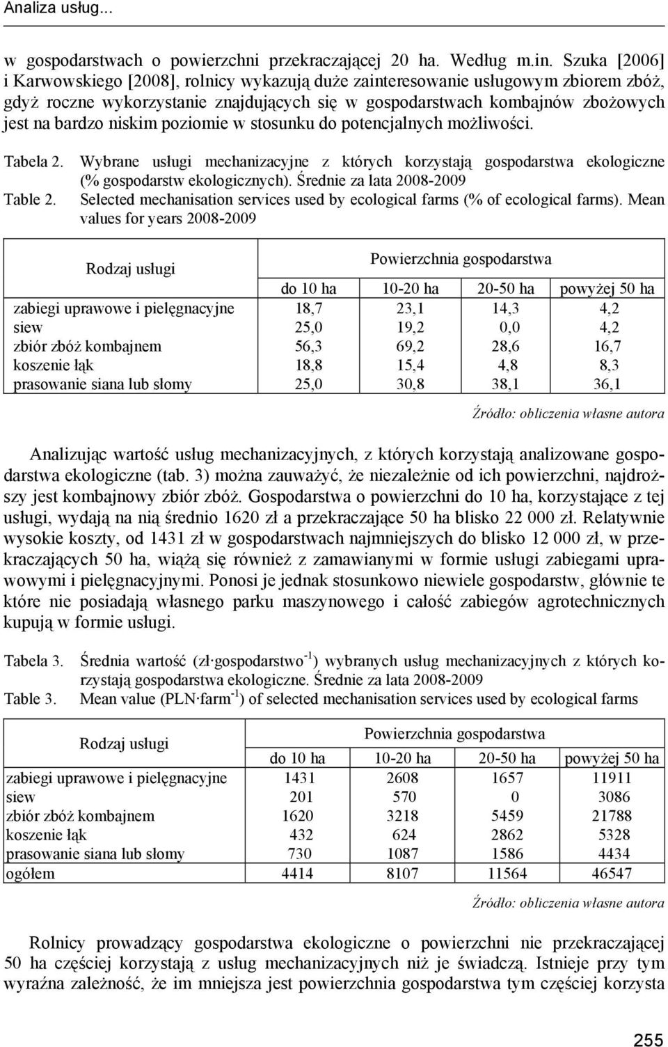 poziomie w stosunku do potencjalnych możliwości. Tabela 2. Wybrane usługi mechanizacyjne z których korzystają gospodarstwa ekologiczne (% gospodarstw ekologicznych). Średnie za lata 28-29 Table 2.