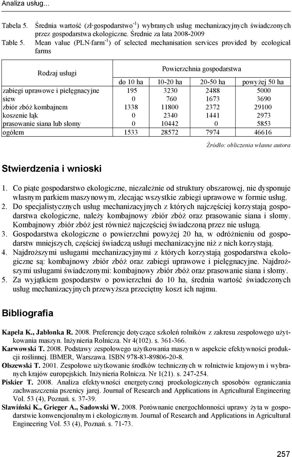Stwierdzenia i wnioski 1. Co piąte gospodarstwo ekologiczne, niezależnie od struktury obszarowej, nie dysponuje własnym parkiem maszynowym, zlecając wszystkie zabiegi uprawowe w formie usług. 2.