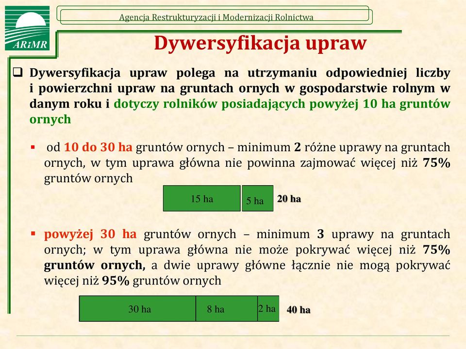 główna nie powinna zajmować więcej niż 75% gruntów ornych 15 ha 5 ha 20 ha powyżej 30 ha gruntów ornych minimum 3 uprawy na gruntach ornych; w tym uprawa