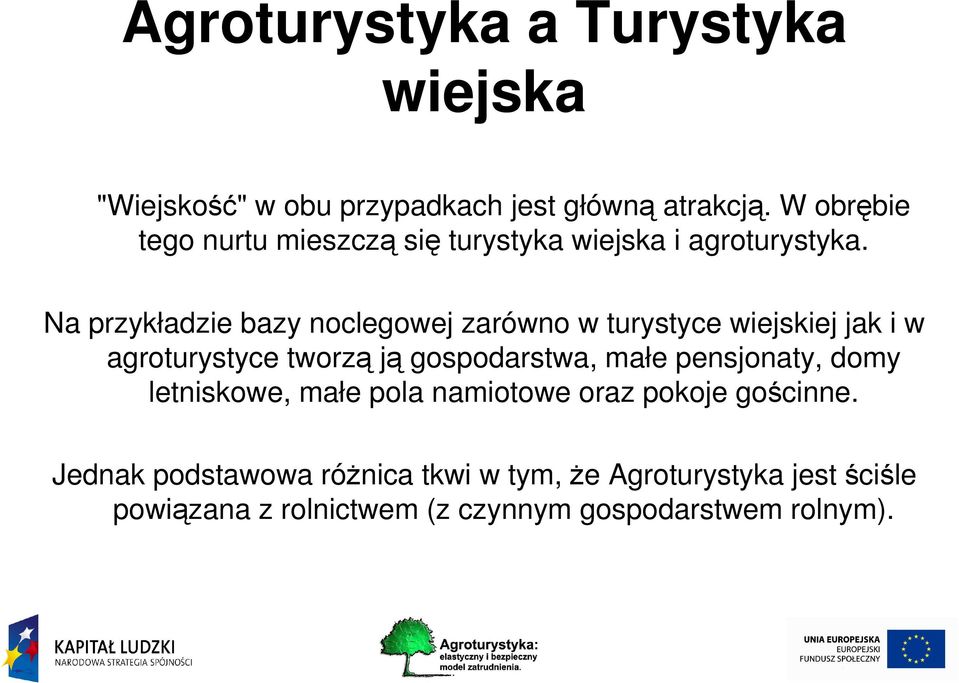 Na przykładzie bazy noclegowej zarówno w turystyce wiejskiej jak i w agroturystyce tworzą ją gospodarstwa, małe