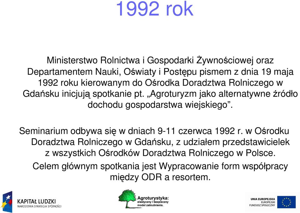 Agroturyzm jako alternatywne źródło dochodu gospodarstwa wiejskiego. Seminarium odbywa się w dniach 9-11 czerwca 1992 r.