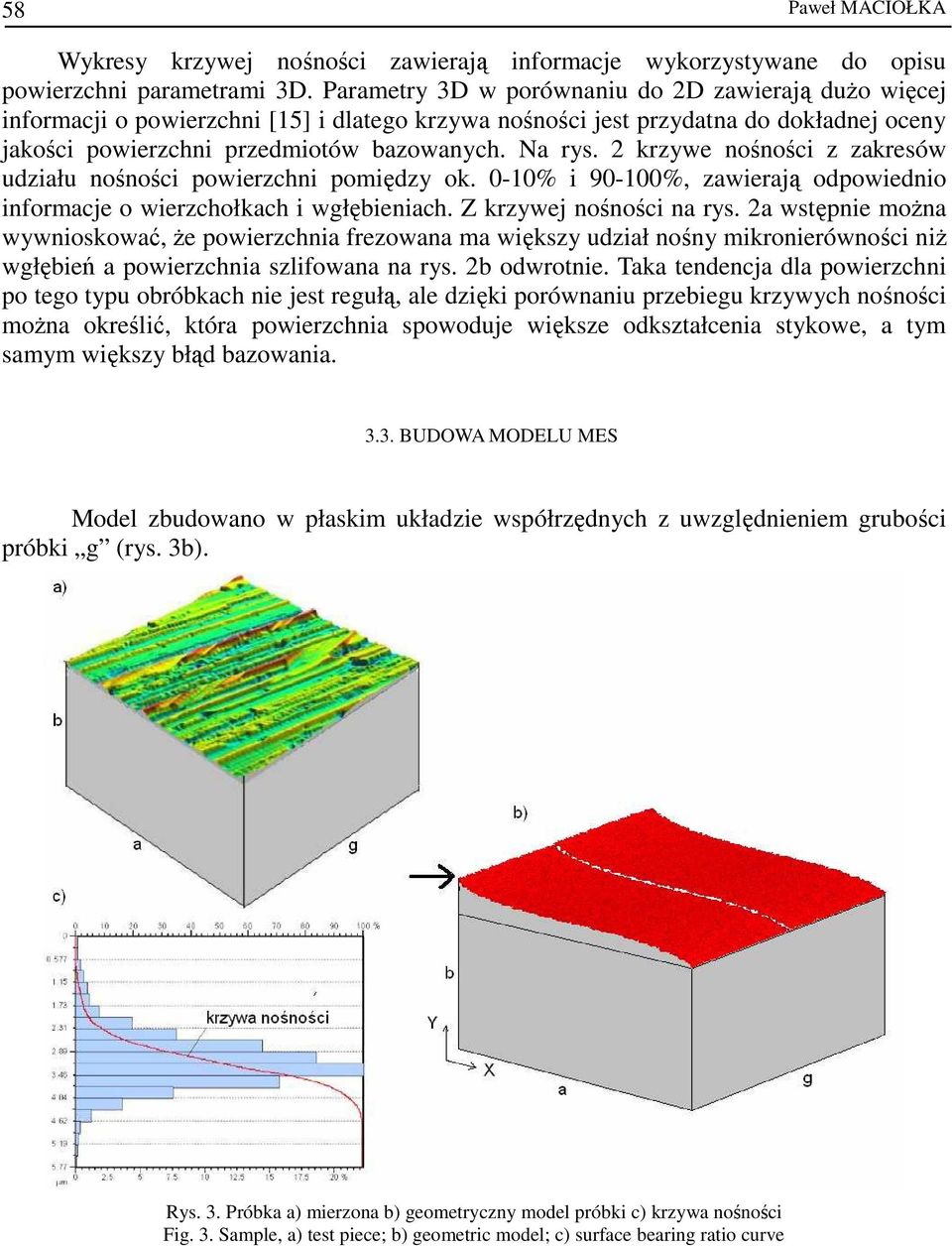 2 krzywe nośności z zakresów udziału nośności powierzchni pomiędzy ok. 0-10% i 90-100%, zawierają odpowiednio informacje o wierzchołkach i wgłębieniach. Z krzywej nośności na rys.