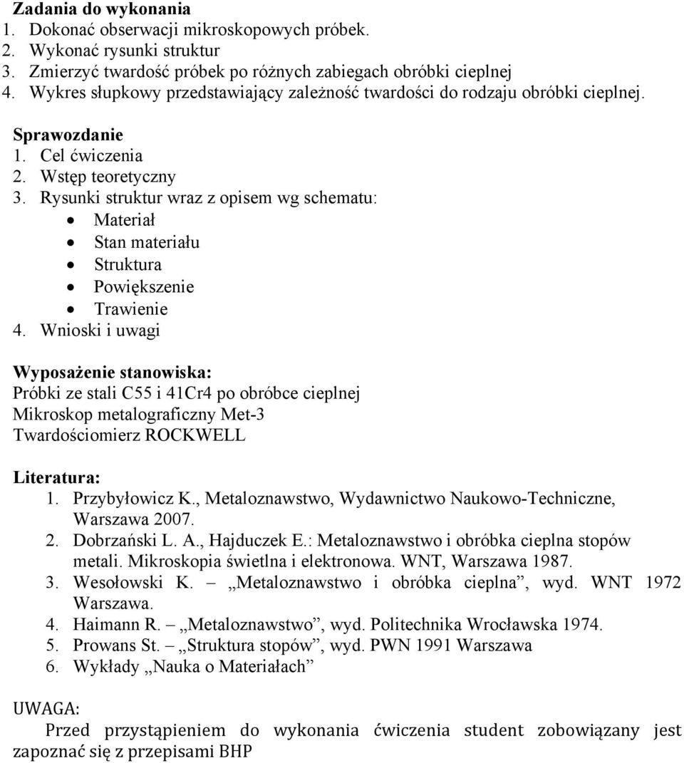 Rysunki struktur wraz z opisem wg schematu: Materiał Stan materiału Struktura Powiększenie Trawienie 4.