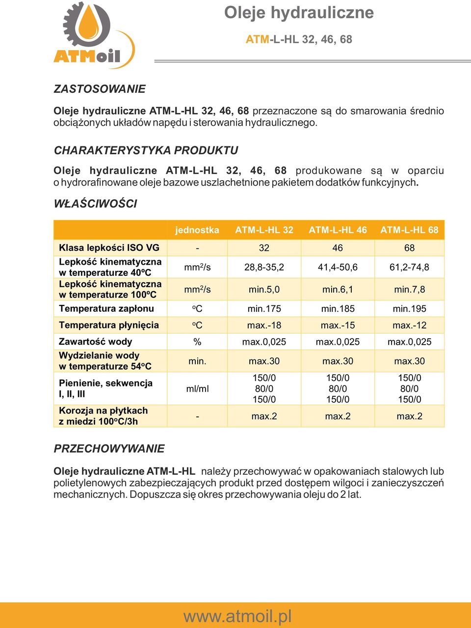 ATM-L-HL 32 ATM-L-HL 46 ATM-L-HL 68 Klasa lepkści ISO VG - 32 46 68 Lepkść kinematyczna w temperaturze 40ºC Lepkść kinematyczna w temperaturze 100ºC mm 2 /s 28,8-35,2 41,4-50,6 61,2-74,8 mm 2 /s min.